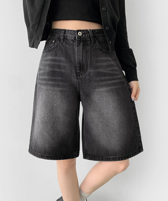 ショートパンツ 5分丈バックポケットデニムショートパンツ BLACK