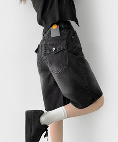 ショートパンツ 5分丈バックポケットデニムショートパンツ BLACK