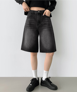 ショートパンツ 5分丈バックポケットデニムショートパンツ BLACK