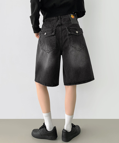 ショートパンツ 5分丈バックポケットデニムショートパンツ BLACK