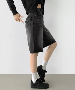ショートパンツ 5分丈バックポケットデニムショートパンツ BLACK