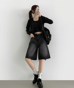 ショートパンツ 5分丈バックポケットデニムショートパンツ BLACK