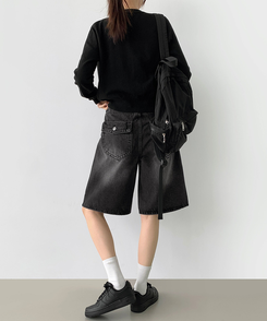 ショートパンツ 5分丈バックポケットデニムショートパンツ BLACK