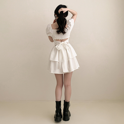 ミニワンピース リボンオフショルダーフレアミニワンピース IVORY