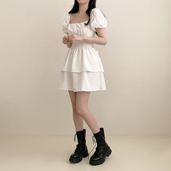 ミニワンピース リボンオフショルダーフレアミニワンピース IVORY