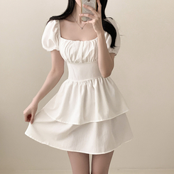 ミニワンピース リボンオフショルダーフレアミニワンピース IVORY