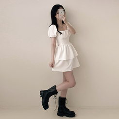 ミニワンピース リボンオフショルダーフレアミニワンピース IVORY