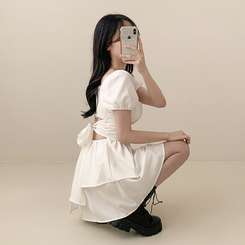 ミニワンピース リボンオフショルダーフレアミニワンピース IVORY