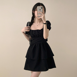 ミニワンピース リボンオフショルダーフレアミニワンピース BLACK