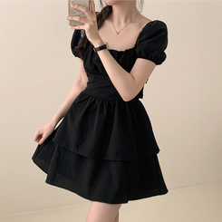ミニワンピース リボンオフショルダーフレアミニワンピース BLACK