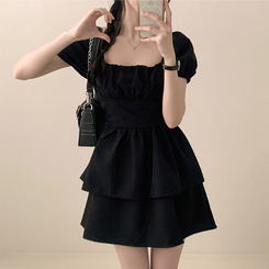 ミニワンピース リボンオフショルダーフレアミニワンピース BLACK