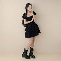 ミニワンピース リボンオフショルダーフレアミニワンピース BLACK