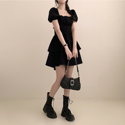 ミニワンピース リボンオフショルダーフレアミニワンピース BLACK