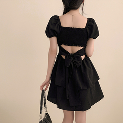 ミニワンピース リボンオフショルダーフレアミニワンピース BLACK