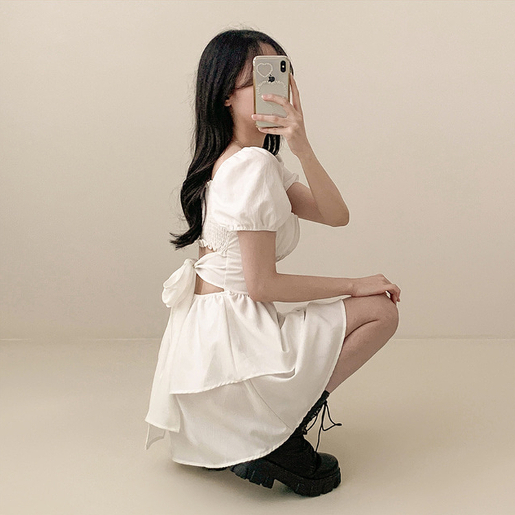 リボンオフショルダーフレアミニワンピース IVORY