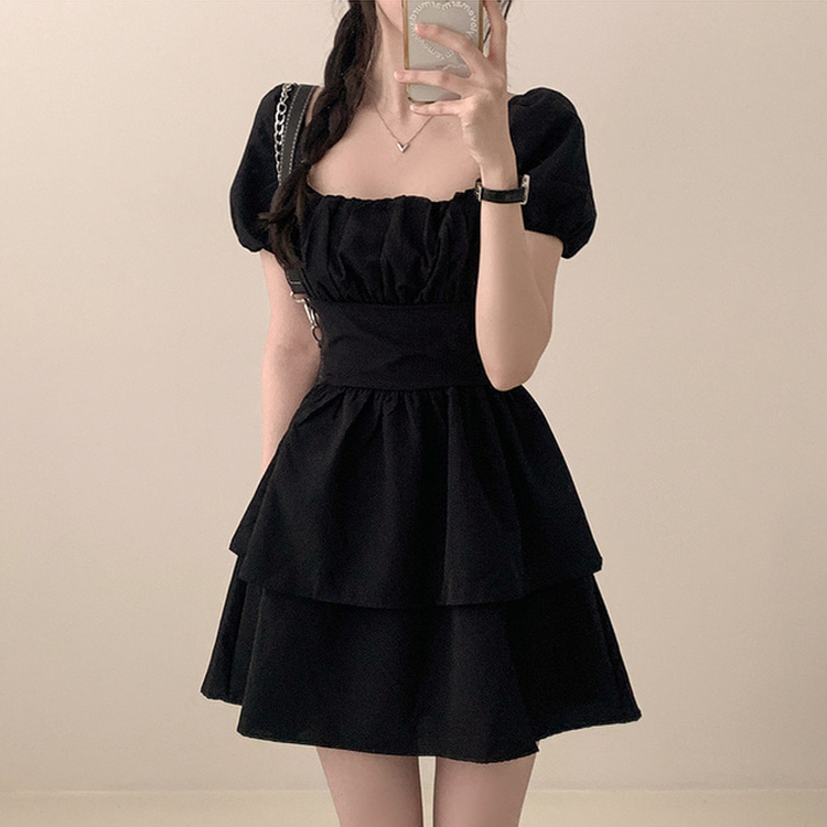 ミニワンピース リボンオフショルダーフレアミニワンピース BLACK