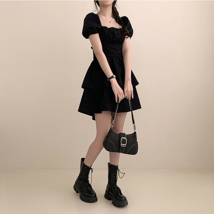 リボンオフショルダーフレアミニワンピース BLACK
