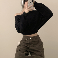 ペンダントオフショルダークロップトレーナー(5color) BLACK