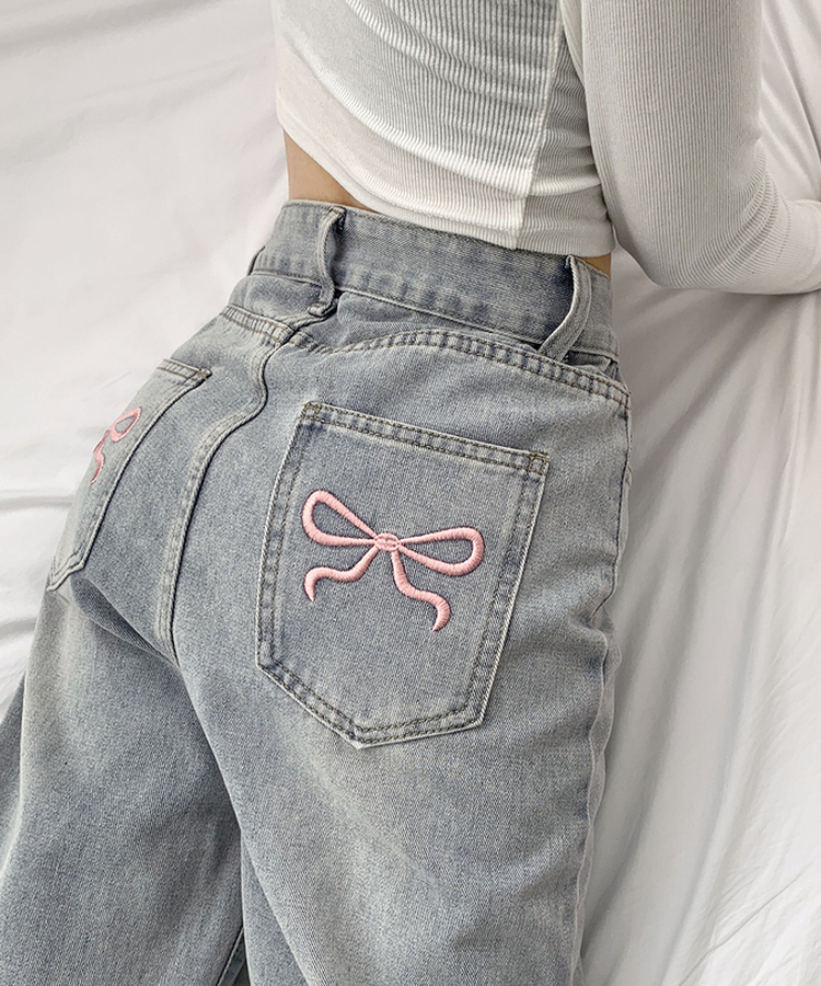 リボン刺繍ワイドデニムパンツ LIGHT BLUE