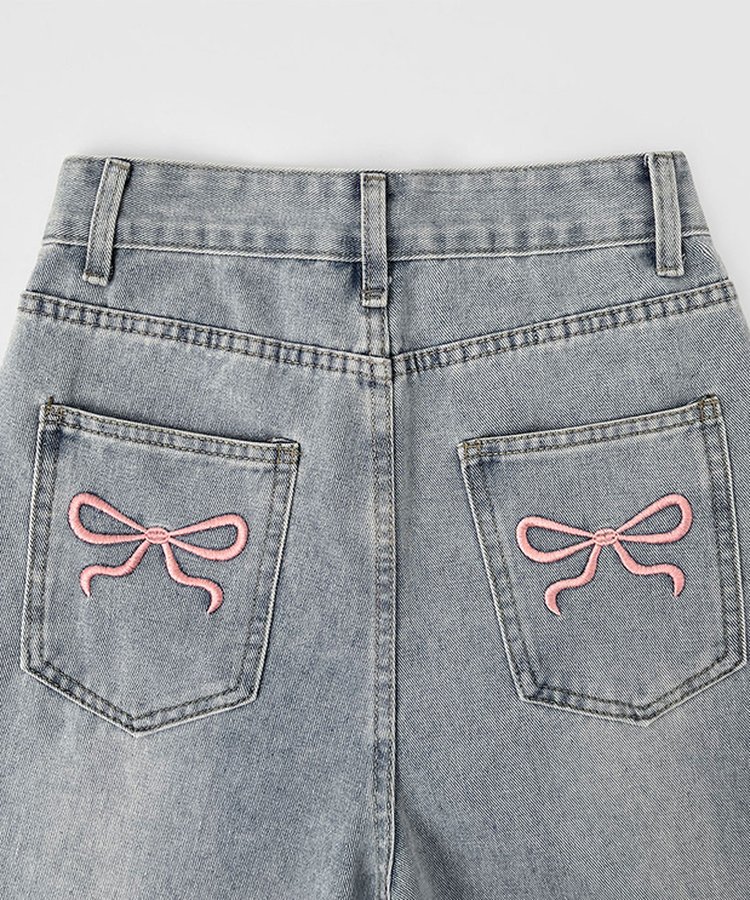 リボン刺繍ワイドデニムパンツ