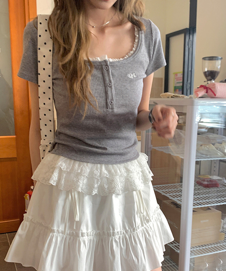 レースフリルTシャツ GREY