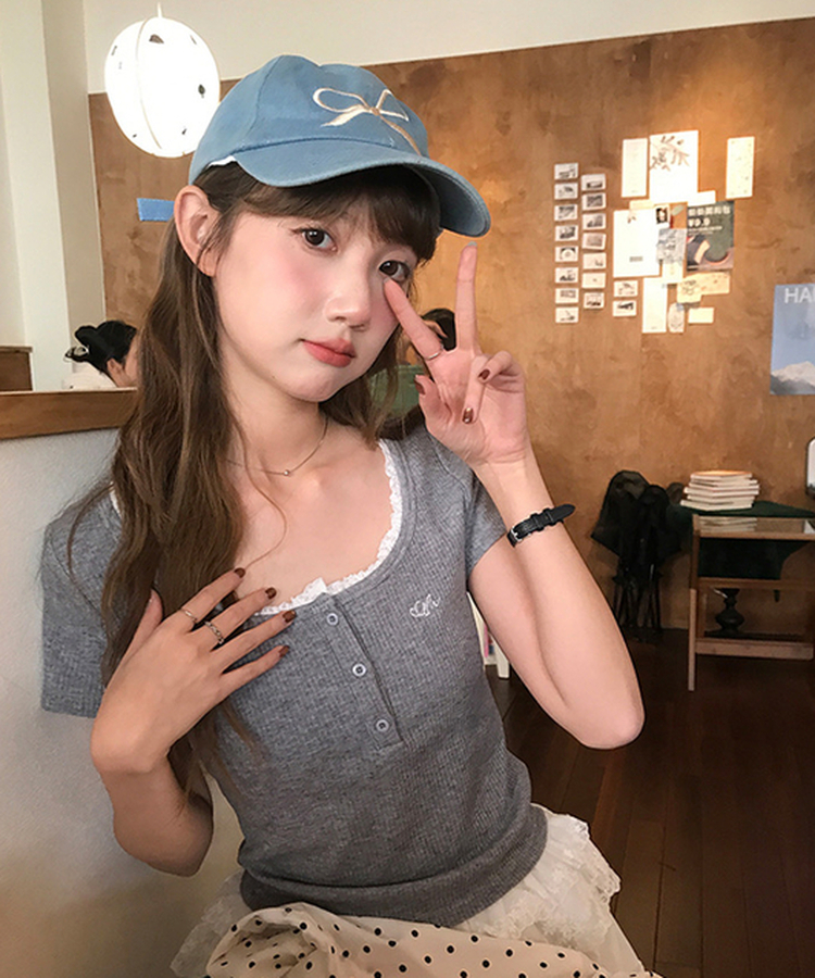 レースフリルTシャツ GREY
