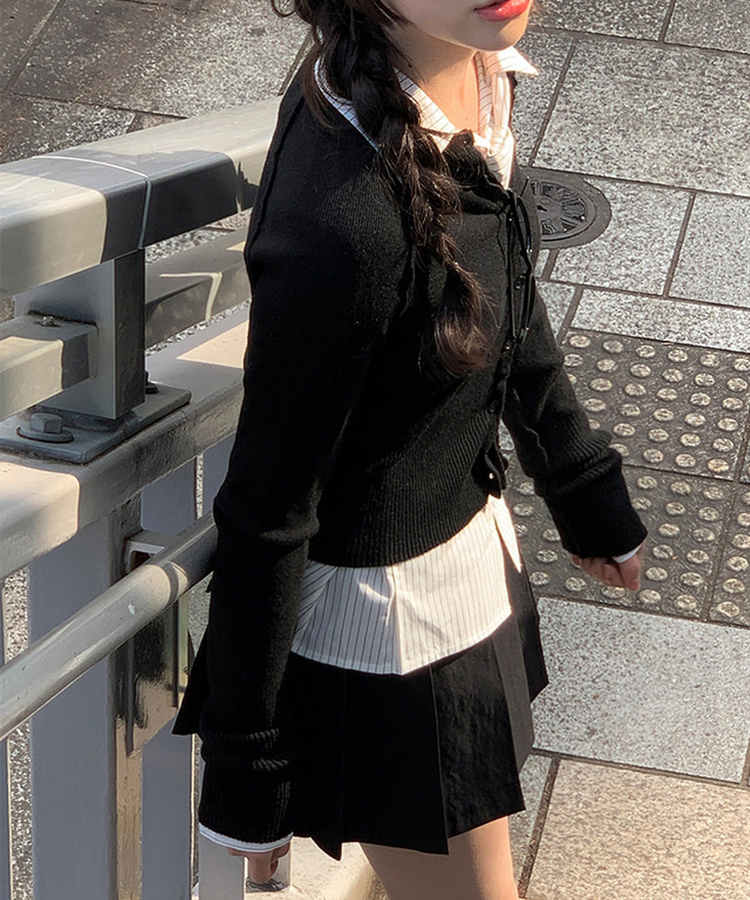 ボタンアンバランスラウンドカーディガン BLACK