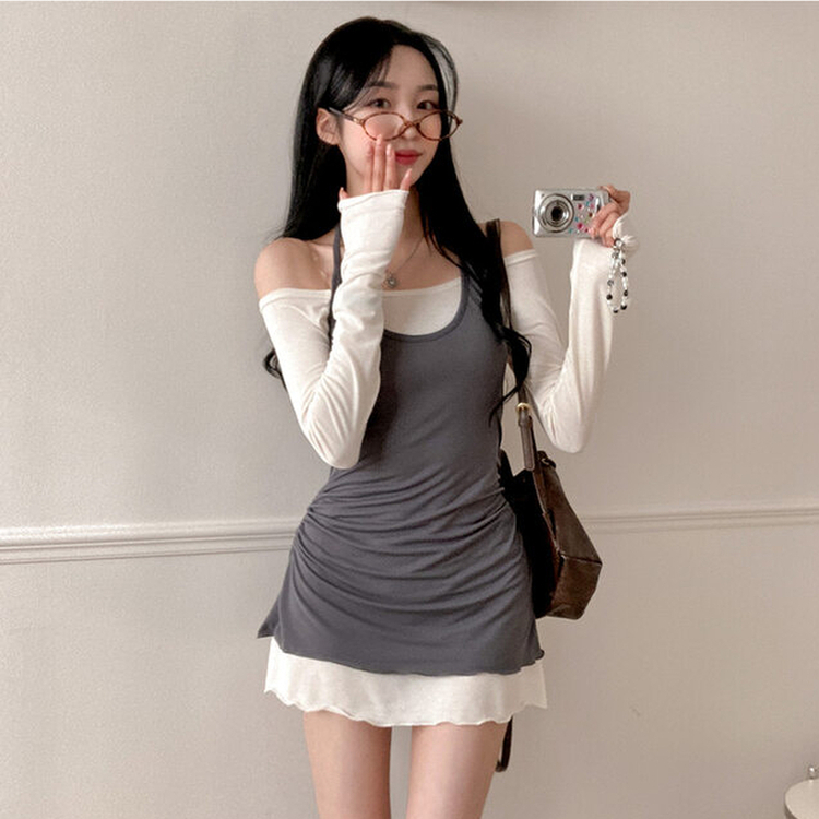 유이 옆셔링 레이어드 홀터 오프숄더 뷔스티에 미니 원피스 아이보리