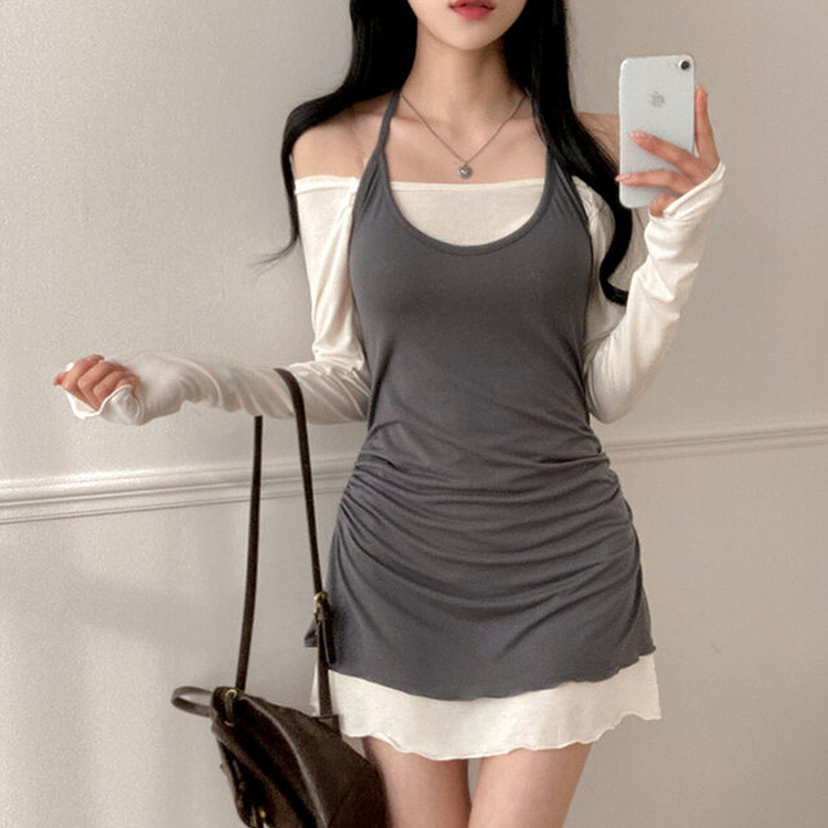 유이 옆셔링 레이어드 홀터 오프숄더 뷔스티에 미니 원피스 아이보리