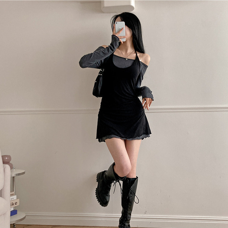 유이 옆셔링 레이어드 홀터 오프숄더 뷔스티에 미니 원피스 그레이