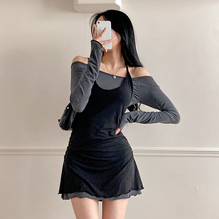 유이 옆셔링 레이어드 홀터 오프숄더 뷔스티에 미니 원피스 그레이