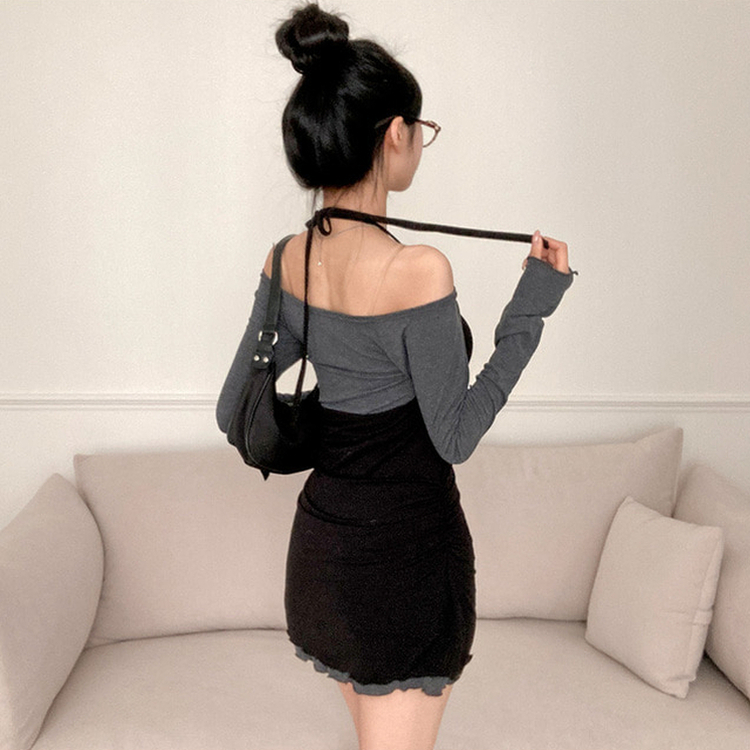 유이 옆셔링 레이어드 홀터 오프숄더 뷔스티에 미니 원피스 그레이