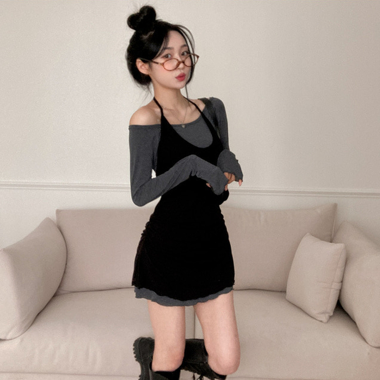 유이 옆셔링 레이어드 홀터 오프숄더 뷔스티에 미니 원피스 그레이