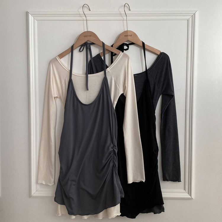 유이 옆셔링 레이어드 홀터 오프숄더 뷔스티에 미니 원피스