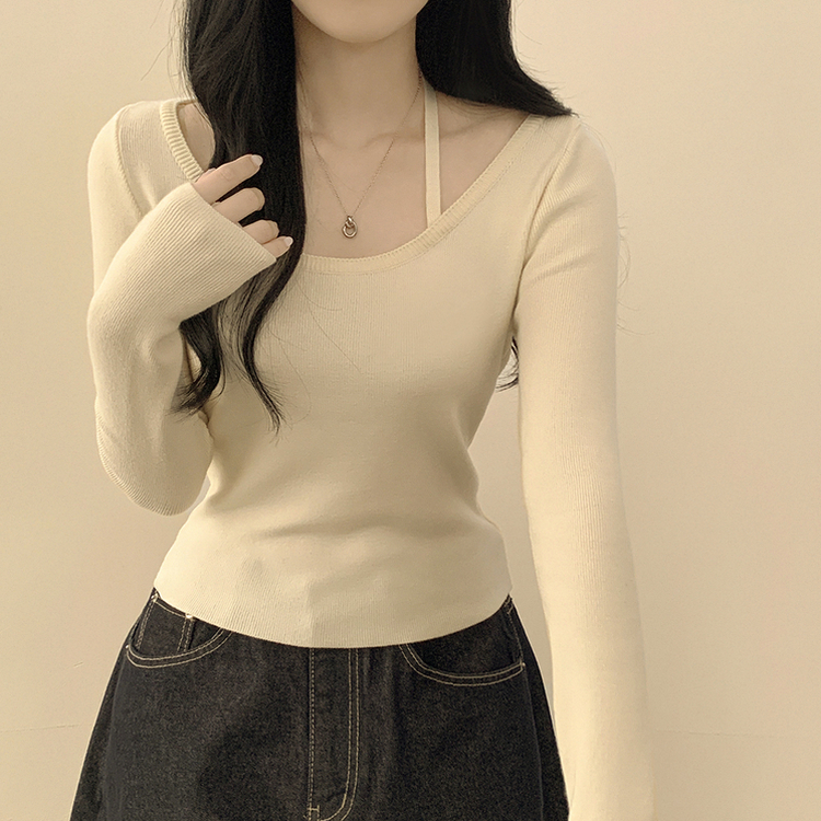 실크처럼 부드러운 홀터넥 리본 스트랩 끈 유넥 슬림핏 긴팔 니트 아이보리