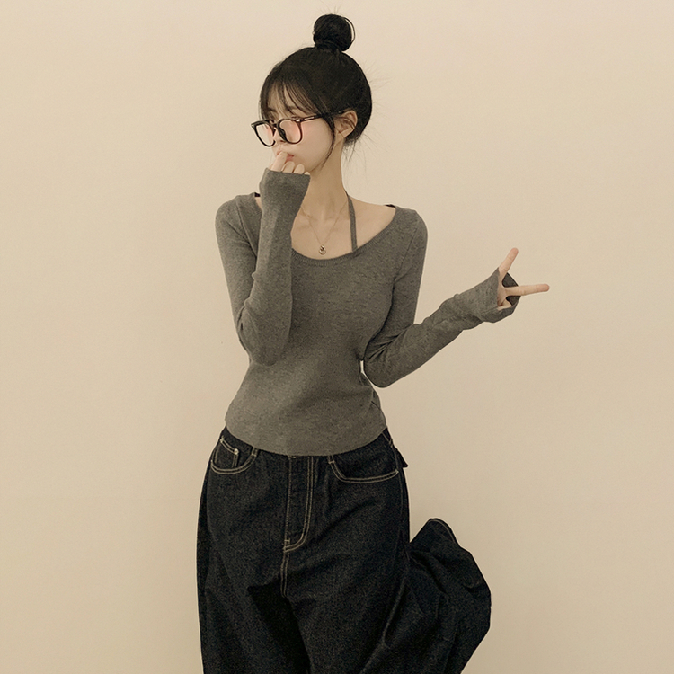 실크처럼 부드러운 홀터넥 리본 스트랩 끈 유넥 슬림핏 긴팔 니트 다크그레이