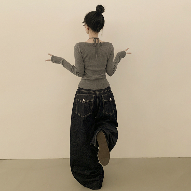 실크처럼 부드러운 홀터넥 리본 스트랩 끈 유넥 슬림핏 긴팔 니트 다크그레이