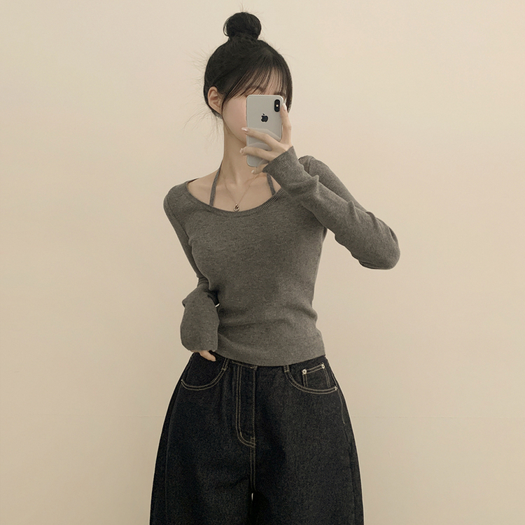 실크처럼 부드러운 홀터넥 리본 스트랩 끈 유넥 슬림핏 긴팔 니트 다크그레이