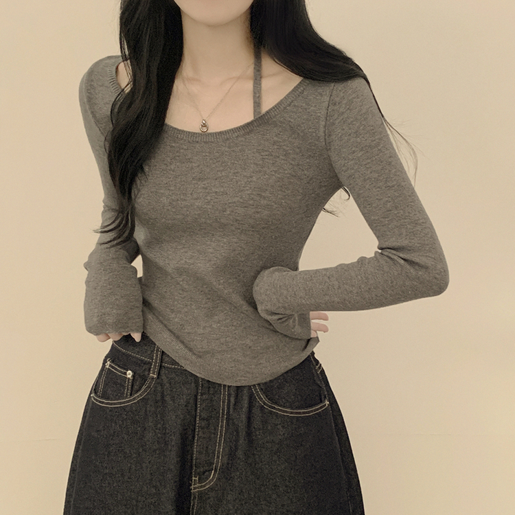 실크처럼 부드러운 홀터넥 리본 스트랩 끈 유넥 슬림핏 긴팔 니트 다크그레이