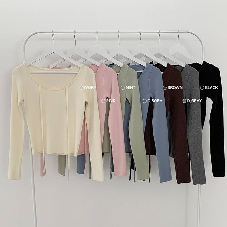 실크처럼 부드러운 홀터넥 리본 스트랩 끈 유넥 슬림핏 긴팔 니트