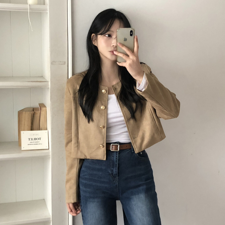 スエードノーカラークロップジャケット BEIGE