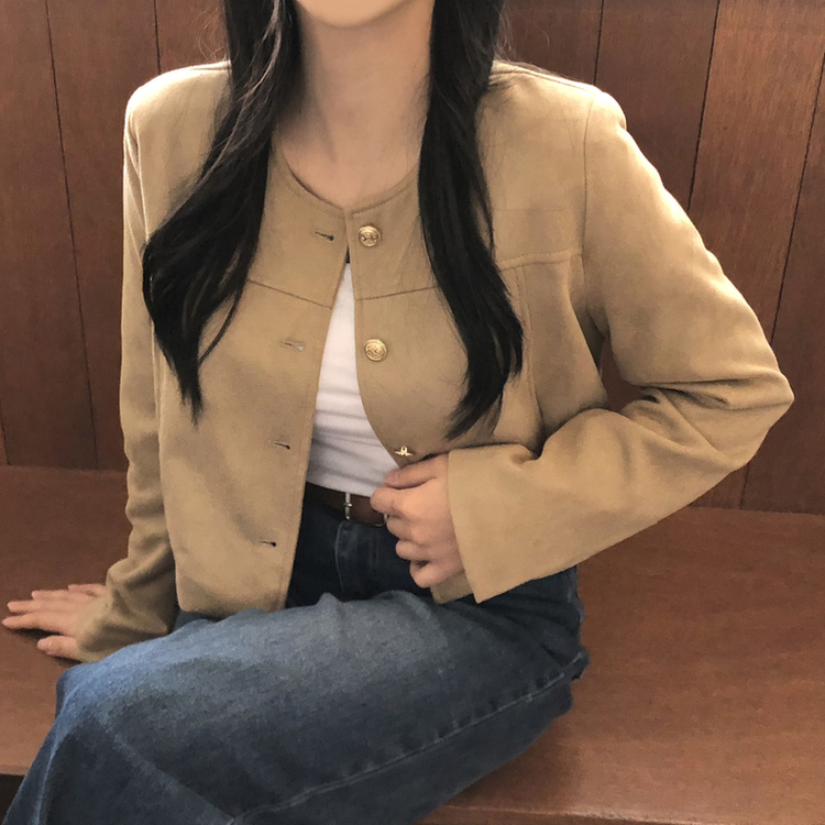 スエードノーカラークロップジャケット BEIGE