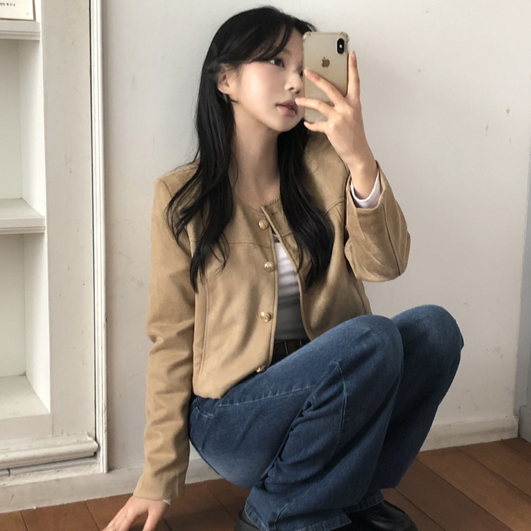 スエードノーカラークロップジャケット BEIGE