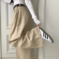 틴즈 사이드 핀턱 밑단 스냅버튼 조거 와이드 팬츠 베이지