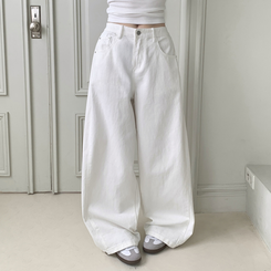 틴즈 사이드 핀턱 밑단 스냅버튼 조거 와이드 팬츠 화이트