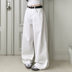 틴즈 사이드 핀턱 밑단 스냅버튼 조거 와이드 팬츠 화이트