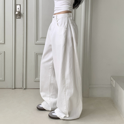 틴즈 사이드 핀턱 밑단 스냅버튼 조거 와이드 팬츠 화이트