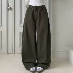 틴즈 사이드 핀턱 밑단 스냅버튼 조거 와이드 팬츠 카키