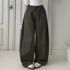 틴즈 사이드 핀턱 밑단 스냅버튼 조거 와이드 팬츠 카키