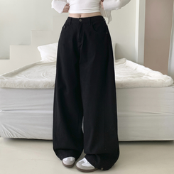 틴즈 사이드 핀턱 밑단 스냅버튼 조거 와이드 팬츠 블랙